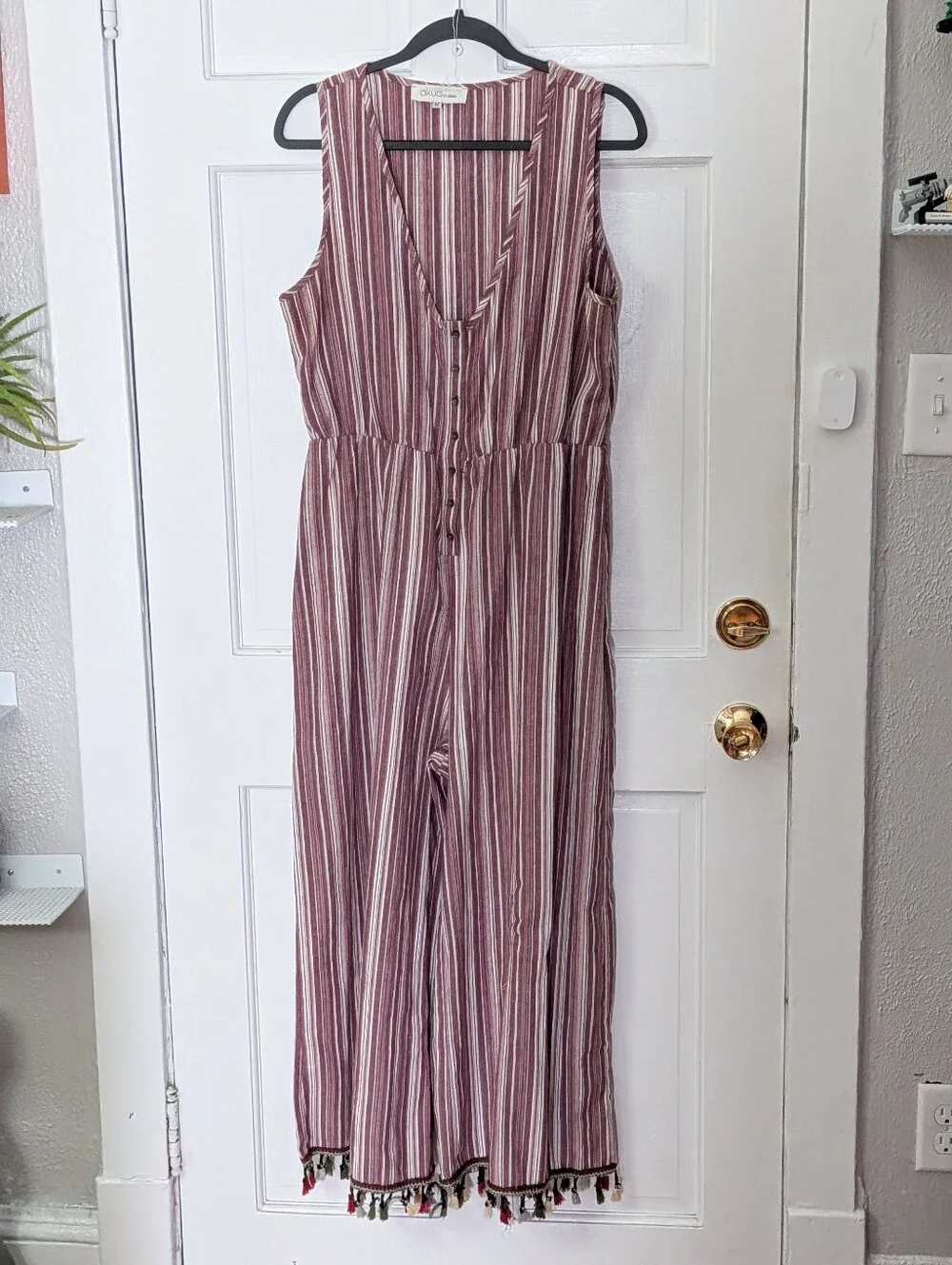 Akua by Jaase Striped Tassel Hem Cotton Jumpsuit Medium Boho Festival - Picture 2 of 6